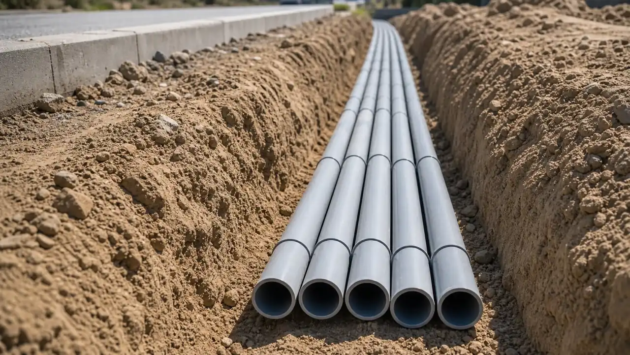 Conduit installed in a prepared utility trench.